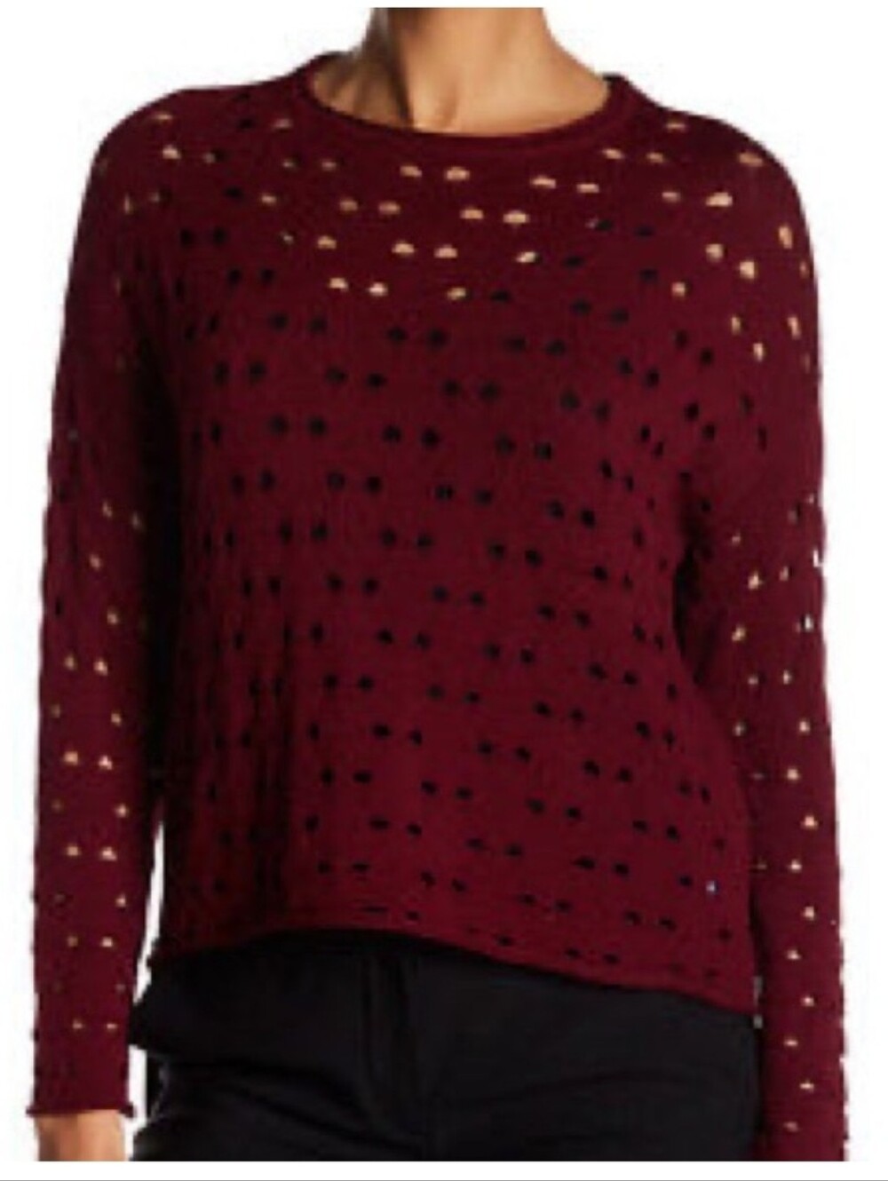PARKER Distressed Crew Neck Sweater Side Zippers Rolled Hem Color Wine Sz Medium